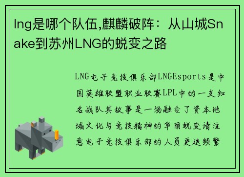 lng是哪个队伍,麒麟破阵：从山城Snake到苏州LNG的蜕变之路